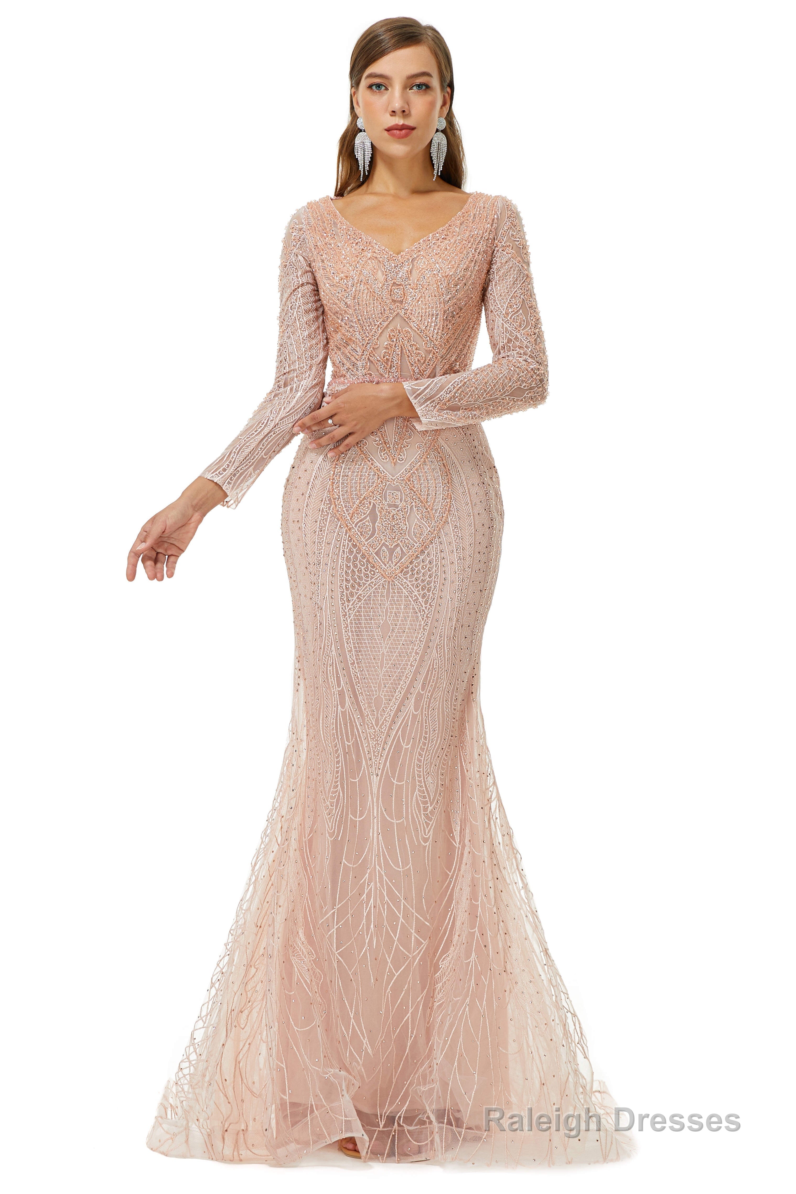 Neckline Long Sleeve Mermaid Lace Pattern Tulle Beading Prom Dresses