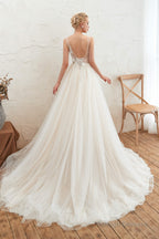 Champange Princess V-neck Lace Tulle Soft Pleats Wedding Dresses with Appliques