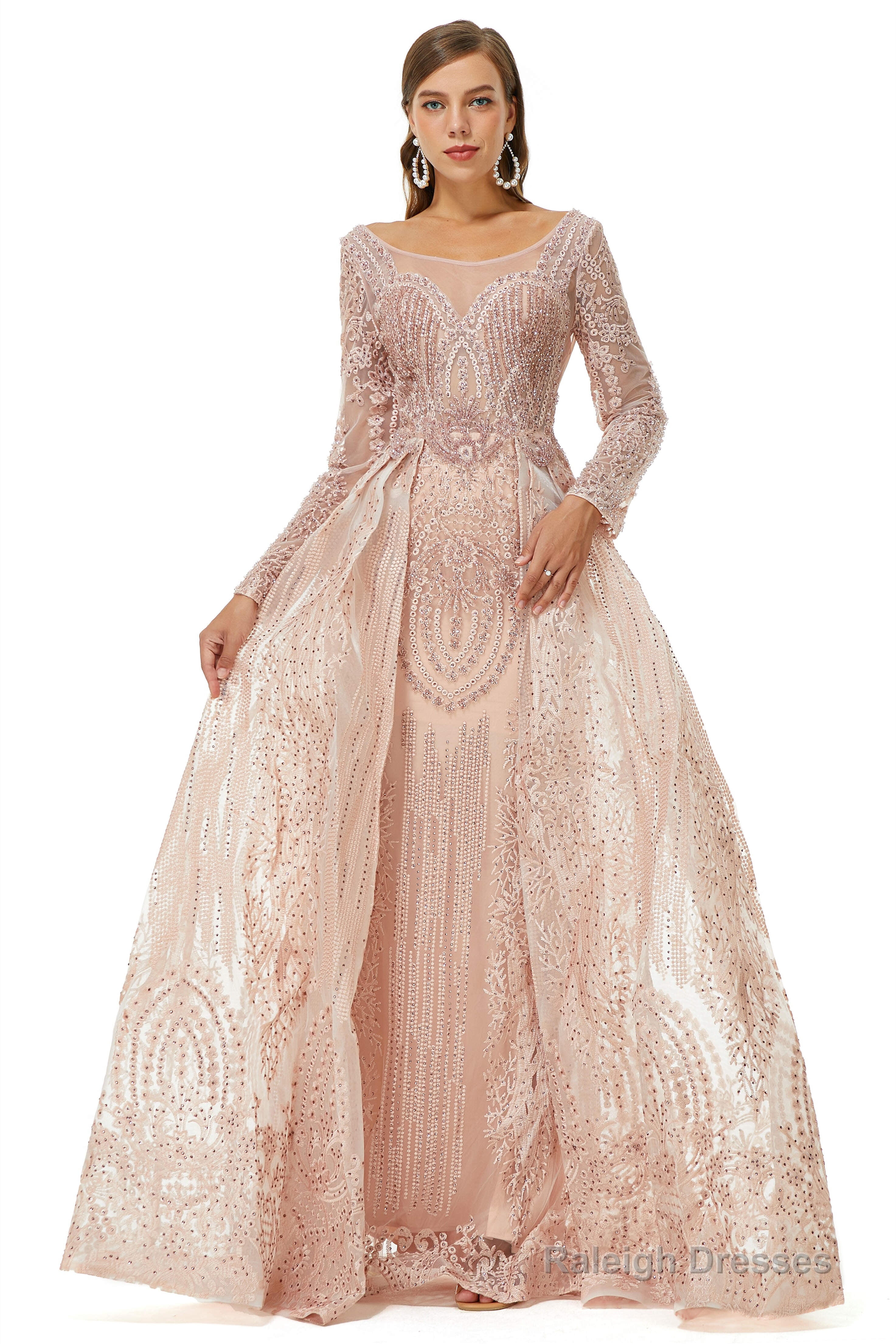 Champange Sparkle Beaded Long Sleeves Prom Dresses Secondary image