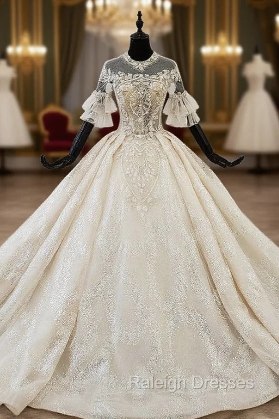 Champange Tulle Sequins Short Sleeve Backless Beading Wedding Dress