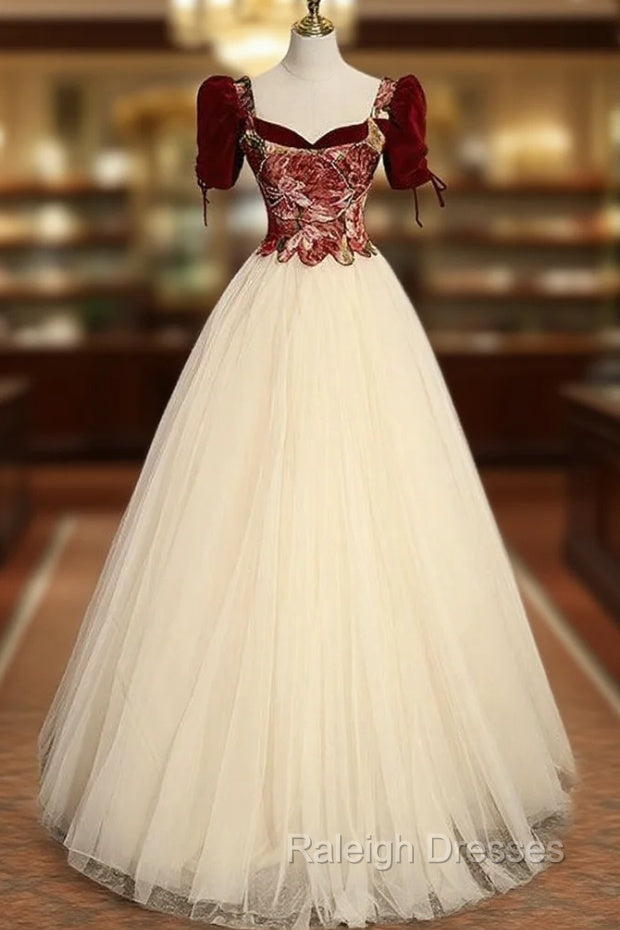 Champgne Tulle Sequare Short Sleeve Prom Dress