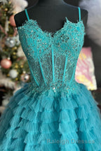 Periwinkle Lace Sweetheart Tiered Prom Dresses Long with Ruffles