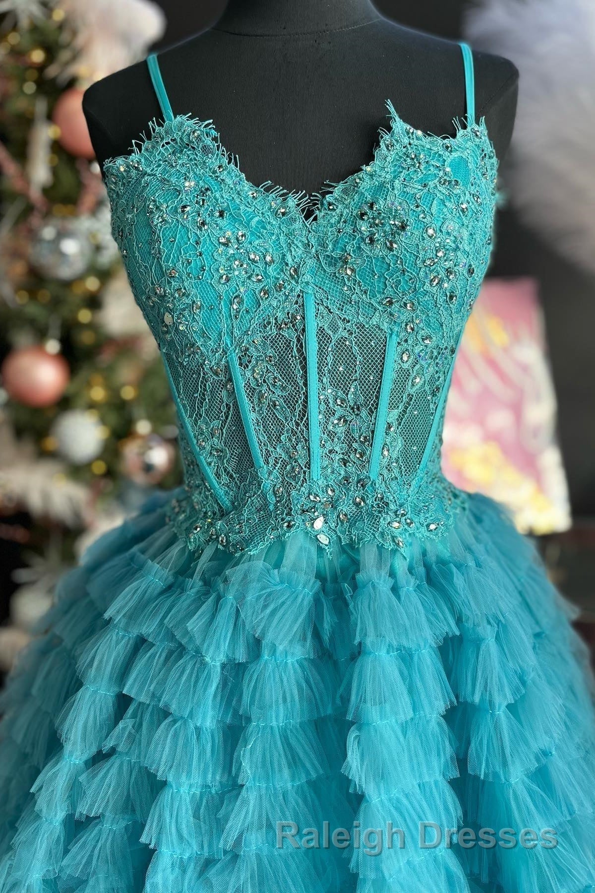 Periwinkle Lace Sweetheart Tiered Prom Dresses Long with Ruffles
