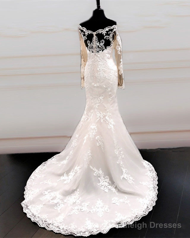 Chantily Lace Mermaid Wedding Dresses Off Shoulder Long Sleeves
