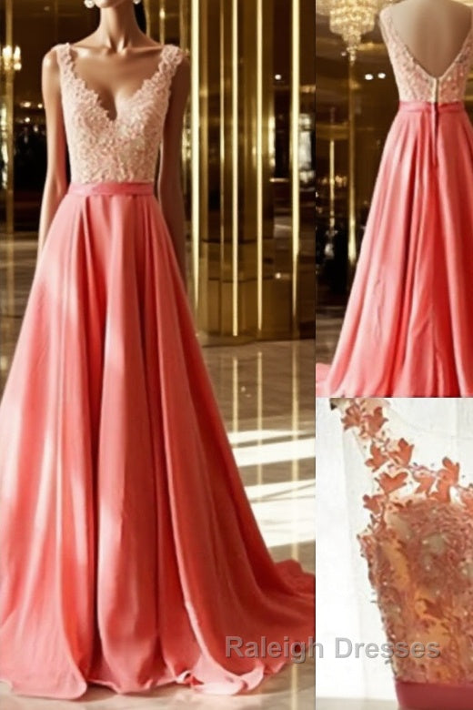 Charming A-Line Appliques V-Neck Lace Long Prom Dresses, Long Formal Dresses Main image