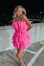 Line Hot Pink Short Homecoming Dress Strapless Prom Dresses