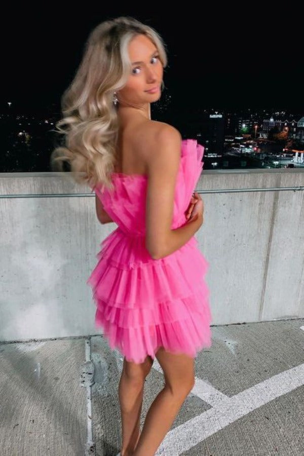 Line Hot Pink Short Homecoming Dress Strapless Prom Dresses