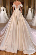 Charming A-Line Off-the-shoulder Cathedral V-Neck Long Wedding Dress