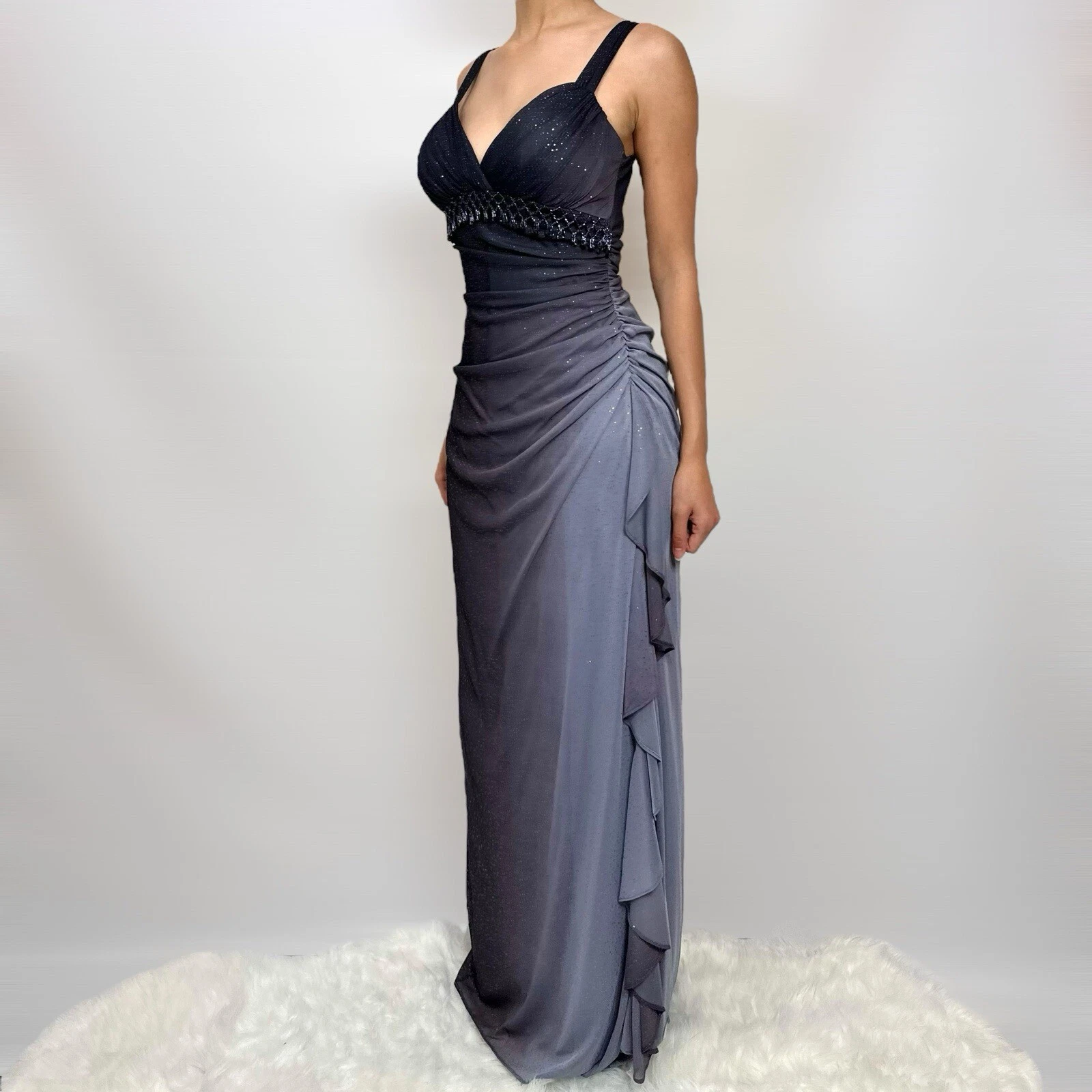 Charming A-Line Spaghetti Strap Beaded Navy Blue Ombre Chiffon Prom Dresses Prom Dresses