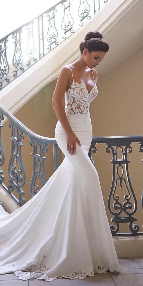 Charming Appliques Lace Mermaid Wedding Dress With Straps Sleeveless Prom Gowns Main image