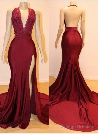 Charming Backless Appliques Burgundy Mermaid Split Slit Evening Dress, Sexy Burgundy Prom Dresses