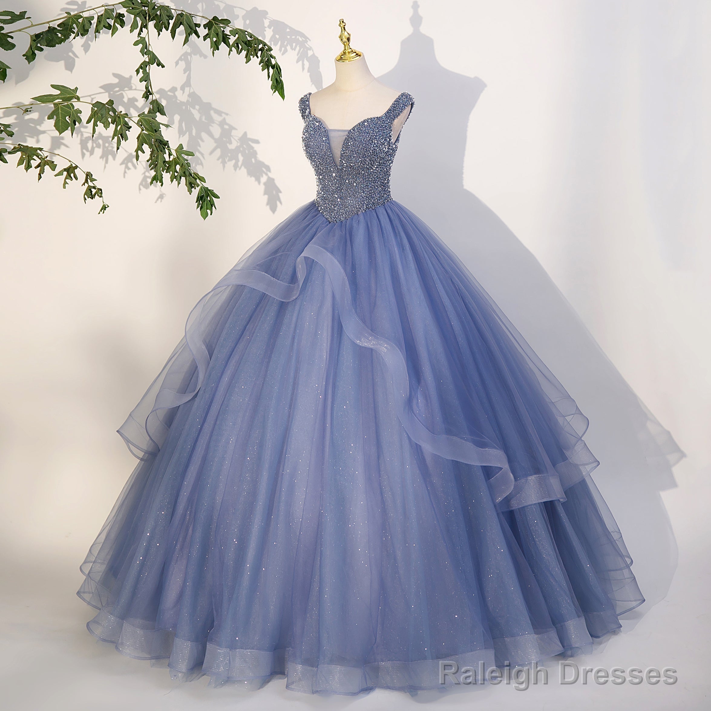 Charming Beaded Tulle Ball Gown Sweet 16 Gown, Blue Long Formal Dresses Secondary image
