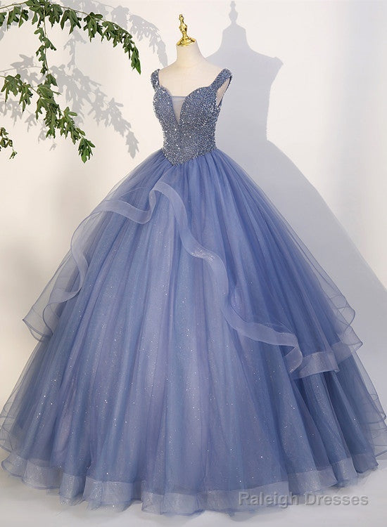 Charming Beaded Tulle Ball Gown Sweet 16 Gown, Blue Long Formal Dresses Main image