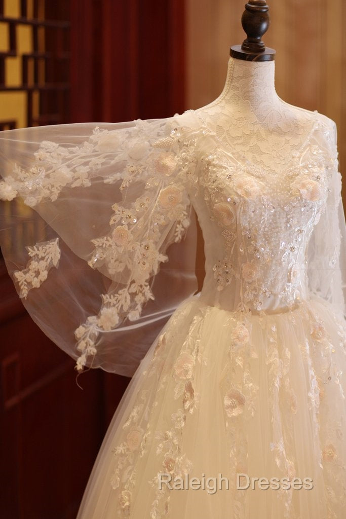 Charming Beautiful Ivory Tulle With Flowers Long Wedding Prom Dresses Tulle Simple Wedding Dresses Prom Dresseses Secondary image