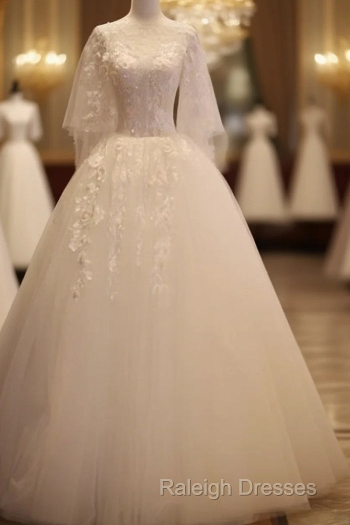 Charming Beautiful Ivory Tulle With Flowers Long Wedding Party Dress, Tulle Simple Wedding Dress Prom Dress Party Dress Main image