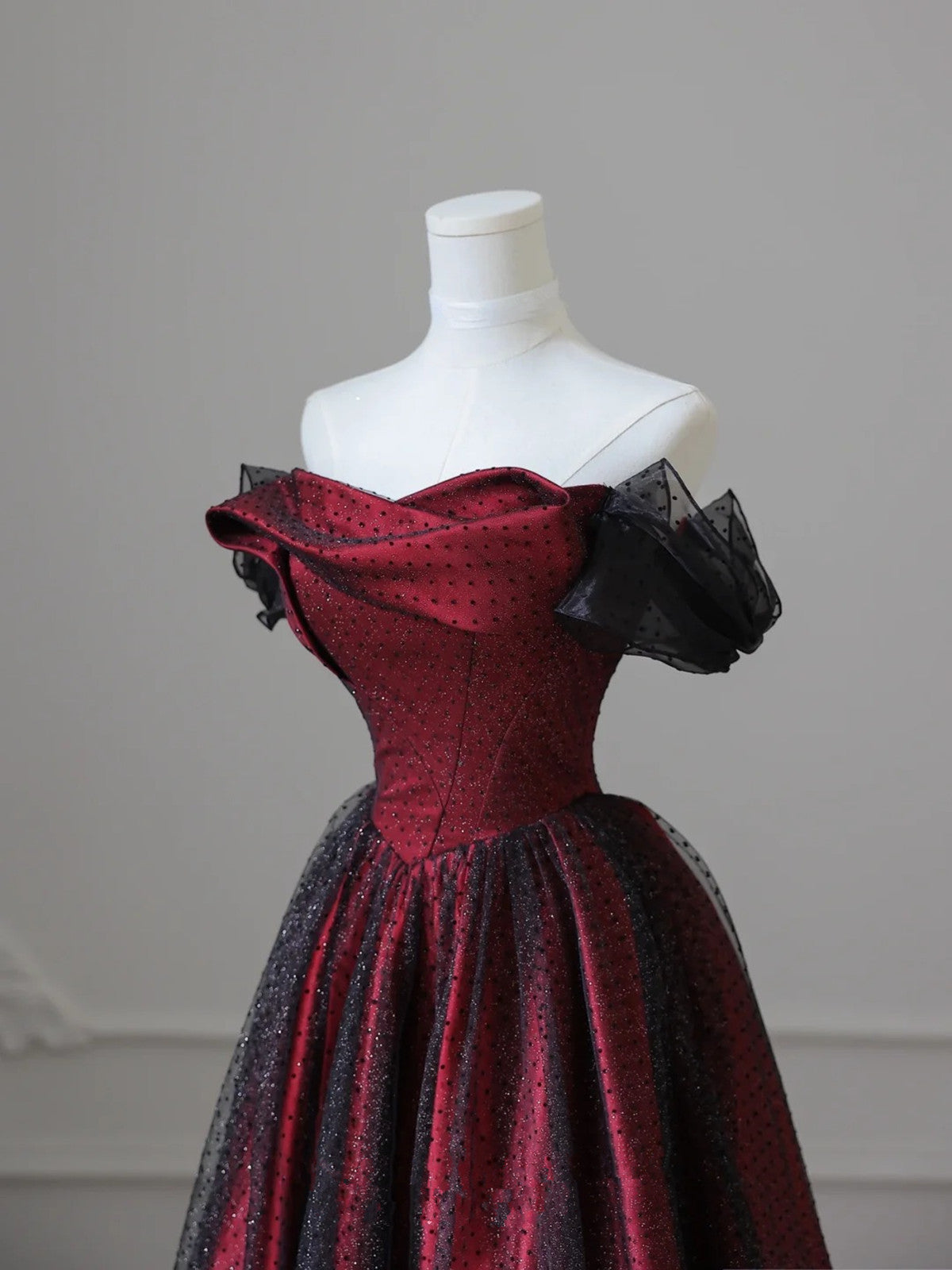 Charming Black And Red Off Shoulder A-Line Prom Dresses Long Prom Dresses