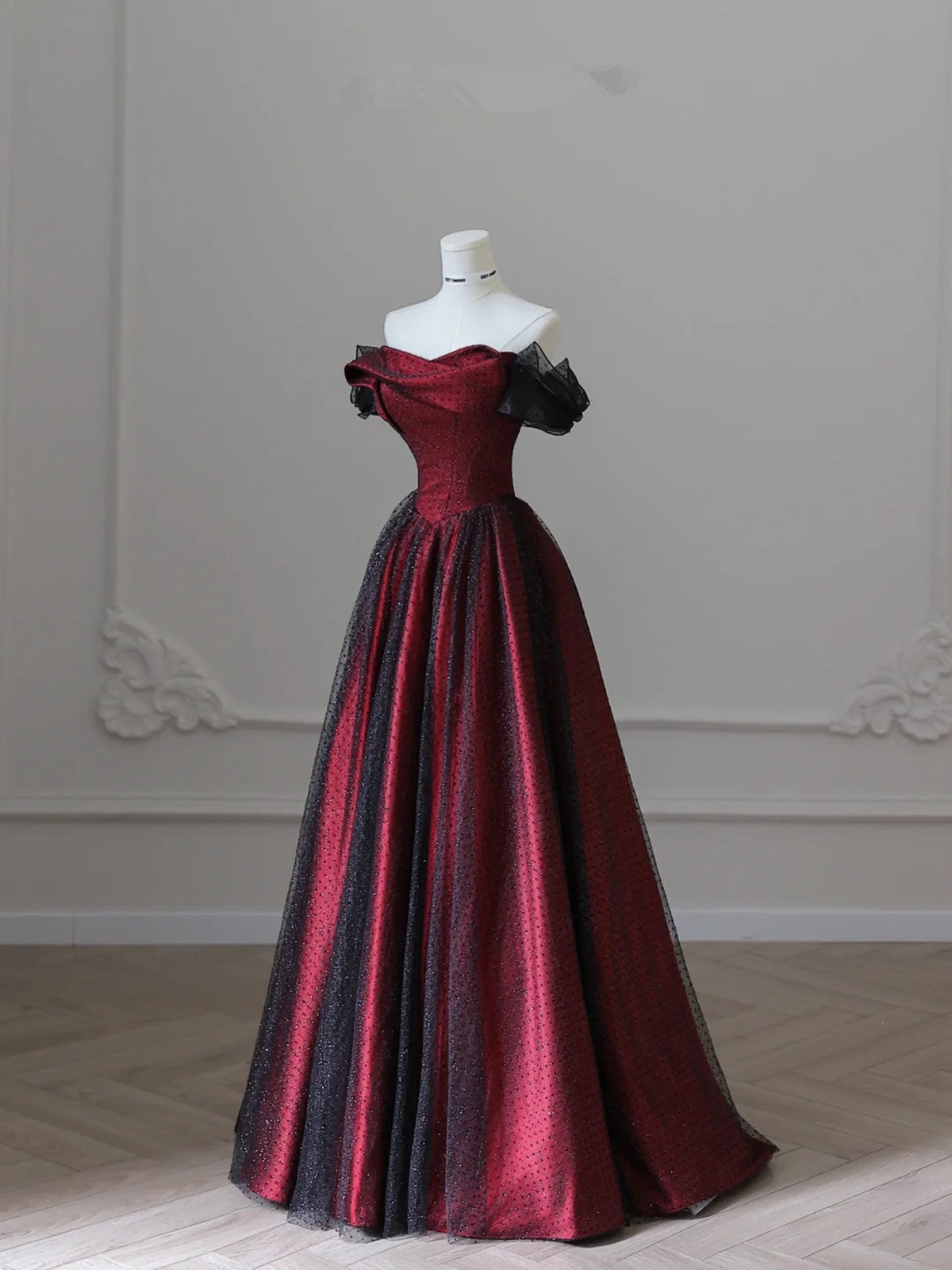 Charming Black And Red Off Shoulder A-Line Prom Dresses Long Prom Dresses