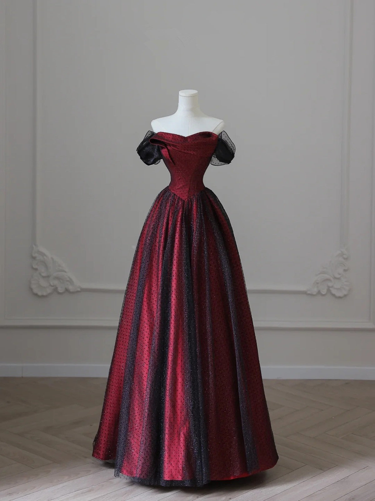 Charming Black And Red Off Shoulder A-Line Prom Dresses Long Prom Dresses Main image