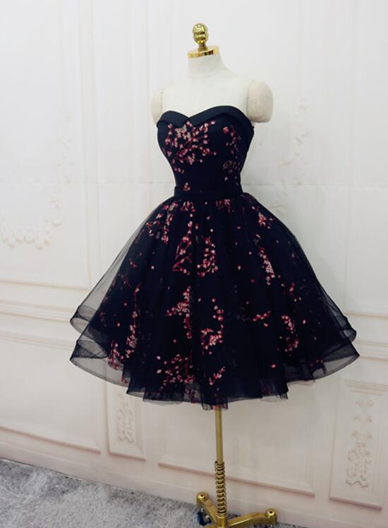 Charming Black Cute Floral Prom Dress Black Prom Dresses Homecoming Dress Main image