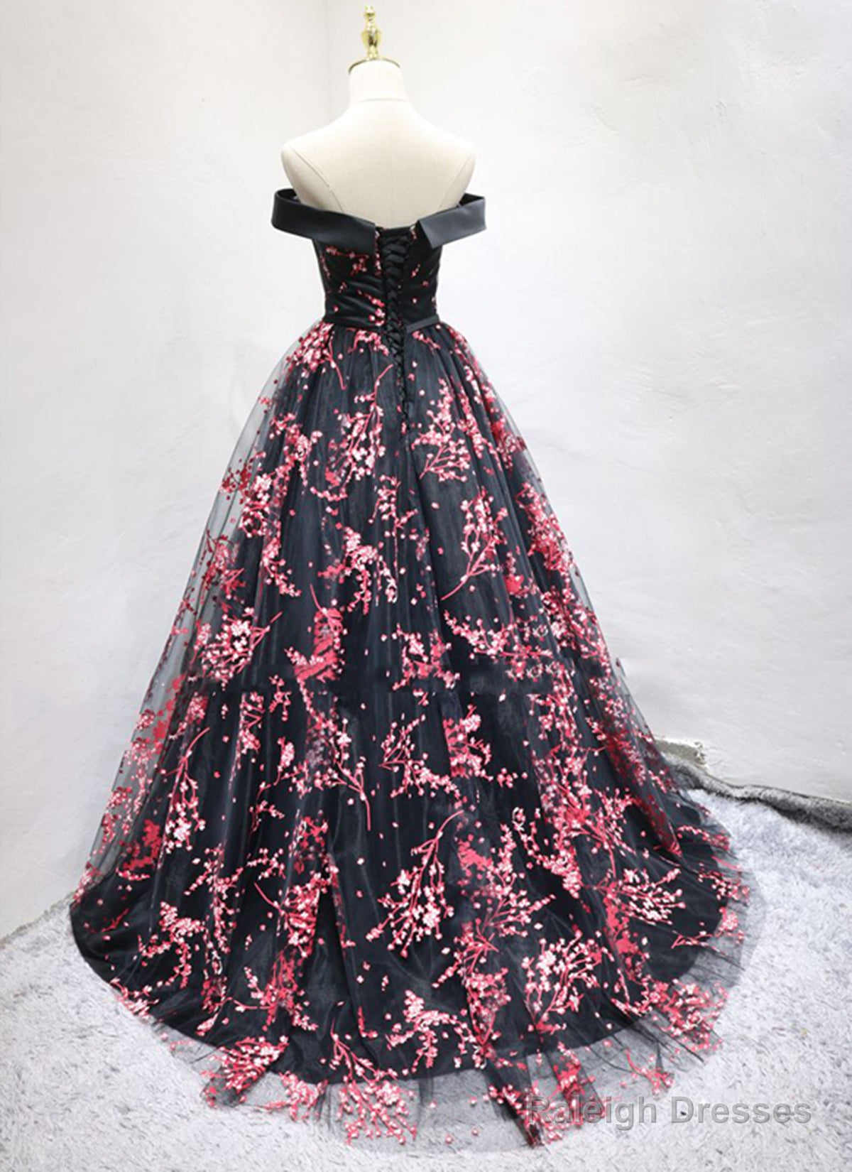 Charming Black Floral Tulle A-Line Party Dress, Prom Dress Secondary image