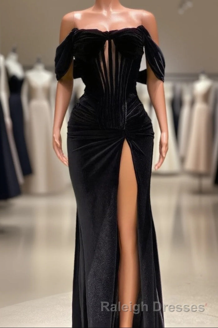 Charming Black Long Mermaid Off the Shoulder Velvet Prom Dress with Slit