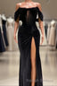 Charming Black Long Mermaid Off the Shoulder Velvet Prom Dress with Slit