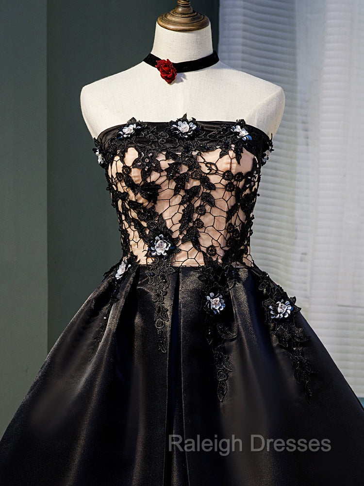 Charming Black Satin with Lace Applique Homecoming Dress, Knee Length Prom Dress Secondary image
