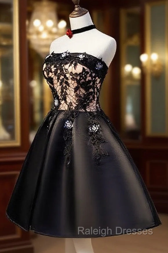 Charming Black Satin with Lace Applique Homecoming Dress, Knee Length Prom Dress Main image