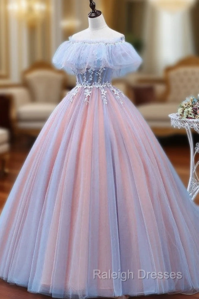 Charming Blue and Pink Tulle Off Shoulder Sweet 16 Dress with Lace, Ball Gown Formal Dress Main image