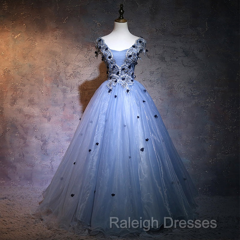 Charming Blue Ball Gown Lace Long Formal Dress, Blue Tulle Sweet 16 Dress With Flowers Secondary image