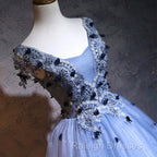 Charming Blue Ball Gown Lace Long Formal Dress, Blue Tulle Sweet 16 Dress With Flowers