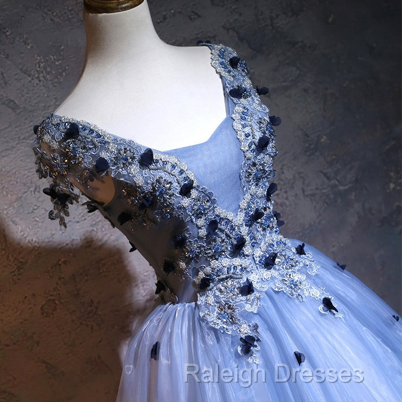 Charming Blue Ball Gown Lace Long Formal Dress, Blue Tulle Sweet 16 Dress With Flowers