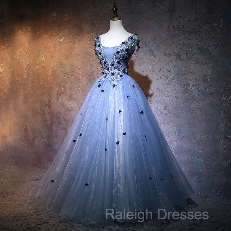 Charming Blue Ball Gown Lace Long Formal Dress, Blue Tulle Sweet 16 Dress With Flowers