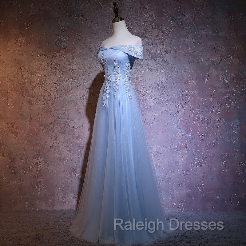 Charming Blue Elegant Tulle Party Dress with Lace Applique, Long Prom Dress
