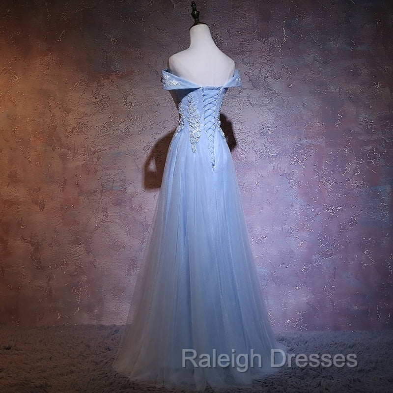 Charming Blue Elegant Tulle Party Dress with Lace Applique, Long Prom Dress
