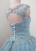 Charming Blue Tulle Long Ball Gown Sweet 16 Dresses with Lace Prom Gown
