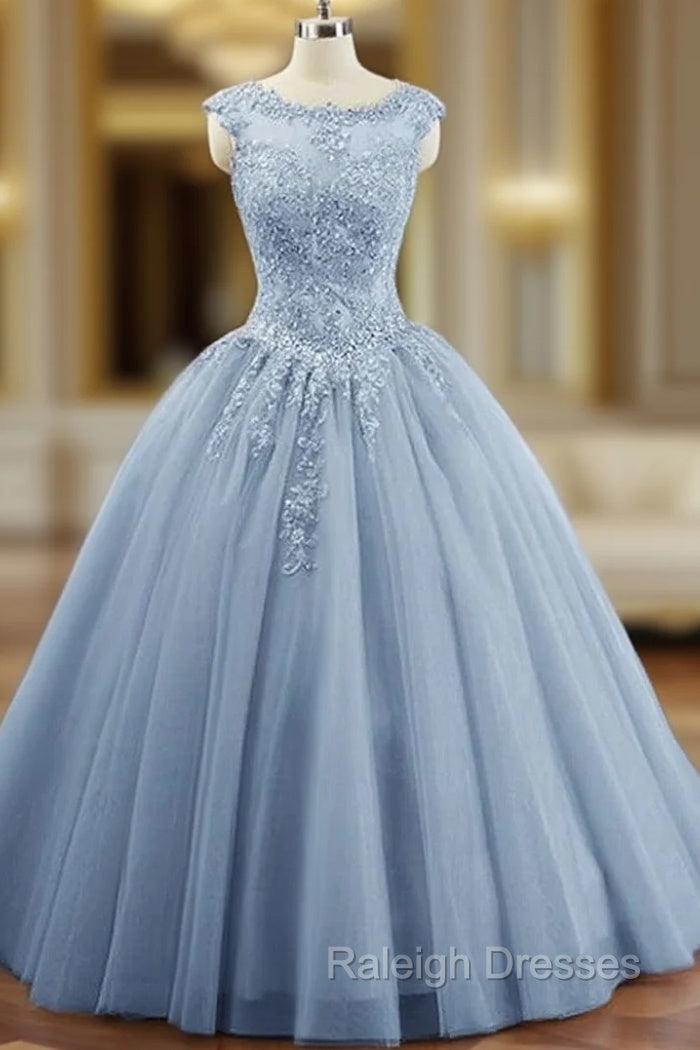 Charming Blue Tulle Long Ball Gown Sweet 16 Dress with Lace, Formal Gown Main image