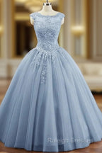 Charming Blue Tulle Long Ball Gown Sweet 16 Dresses with Lace Prom Gown