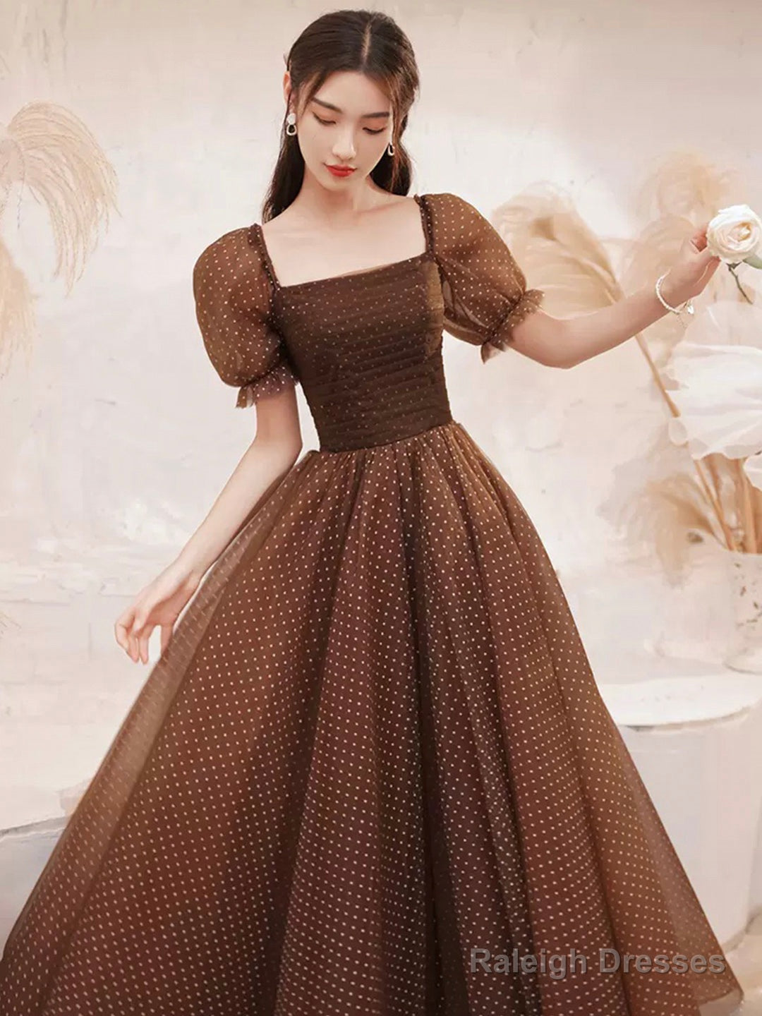 Charming Brown Tulle Floor Length Prom Dress, A-Line Short Sleeve Evening Party Dress Secondary image