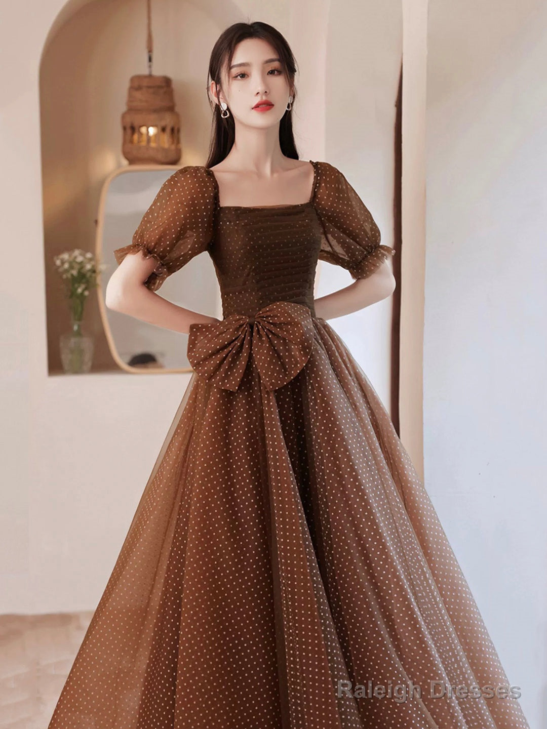 Charming Brown Tulle Floor Length Prom Dress, A-Line Short Sleeve Evening Party Dress