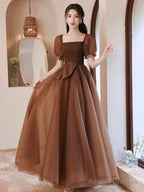 Charming Brown Tulle Floor Length Prom Dress, A-Line Short Sleeve Evening Party Dress