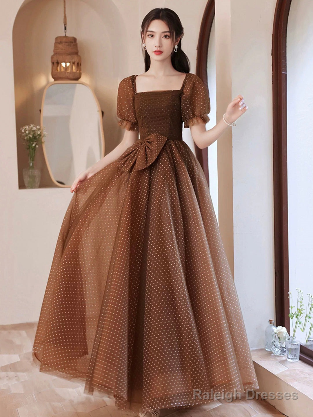 Charming Brown Tulle Floor Length Prom Dress, A-Line Short Sleeve Evening Party Dress