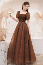 Charming Brown Tulle Floor Length Prom Dress, A-Line Short Sleeve Evening Party Dress