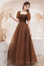 Charming Brown Tulle Floor Length Prom Dresses A-Line Short Sleeve Prom Dresses