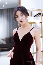 Charming Burgundy Velvet Deep V-Neckline Floor Length Party Dress, A-Line Prom Dress Evening Dresses