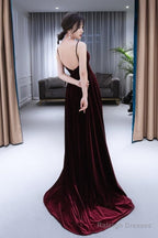 Charming Burgundy Velvet Deep V-Neckline Floor Length Party Dress, A-Line Prom Dress Evening Dresses
