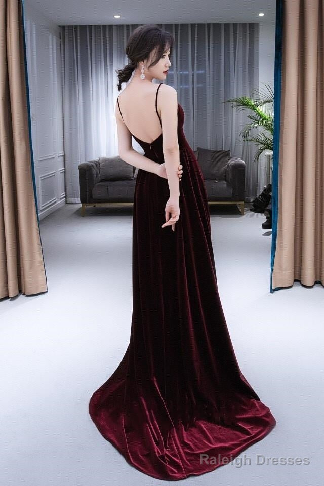 Charming Burgundy Velvet Deep V-Neckline Floor Length Party Dress, A-Line Prom Dress Evening Dresses