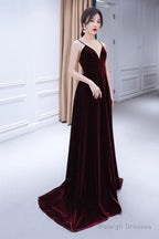 Charming Burgundy Velvet Deep V-Neckline Floor Length Party Dress, A-Line Prom Dress Evening Dresses
