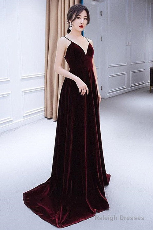 Charming Burgundy Velvet Deep V-Neckline Floor Length Party Dress, A-Line Prom Dress Evening Dresses Main image
