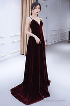 Charming Burgundy Velvet Deep V-Neckline Floor Length Party Dress, A-Line Prom Dress Evening Dresses